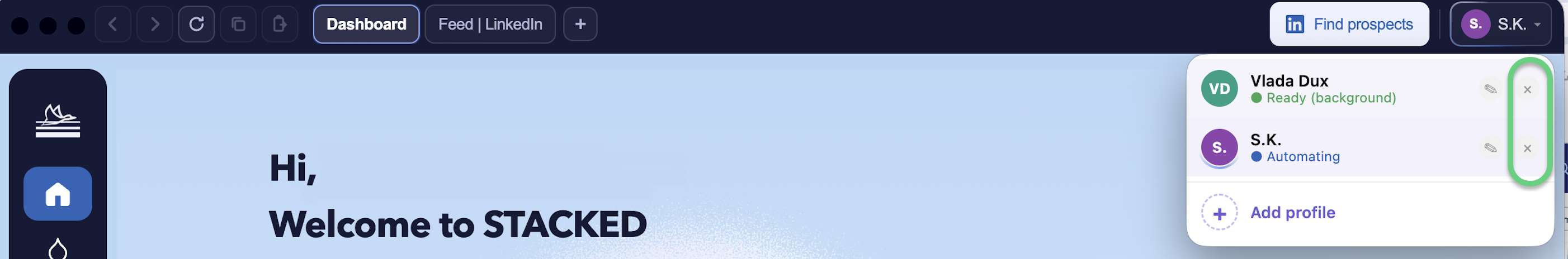 STACKED profile menu showing the X button used to remove an account