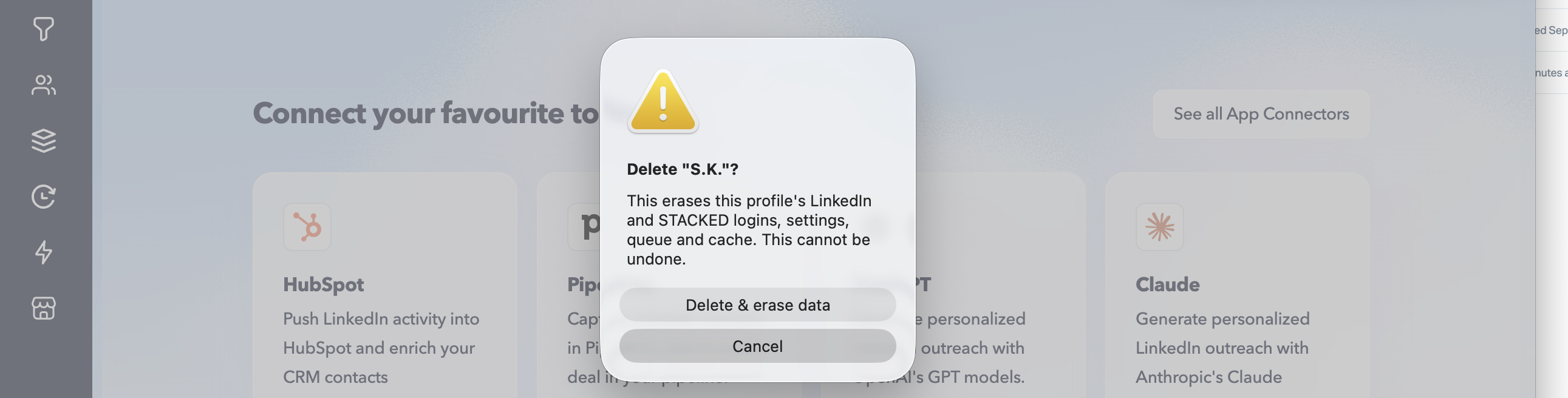Confirmation to delete a STACKED account and erase its locally stored data