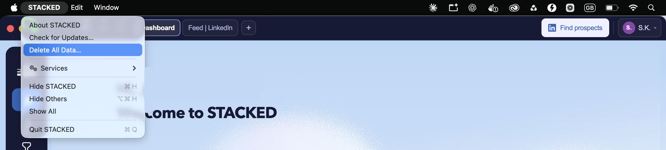 STACKED menu on Mac showing the Delete All Data option