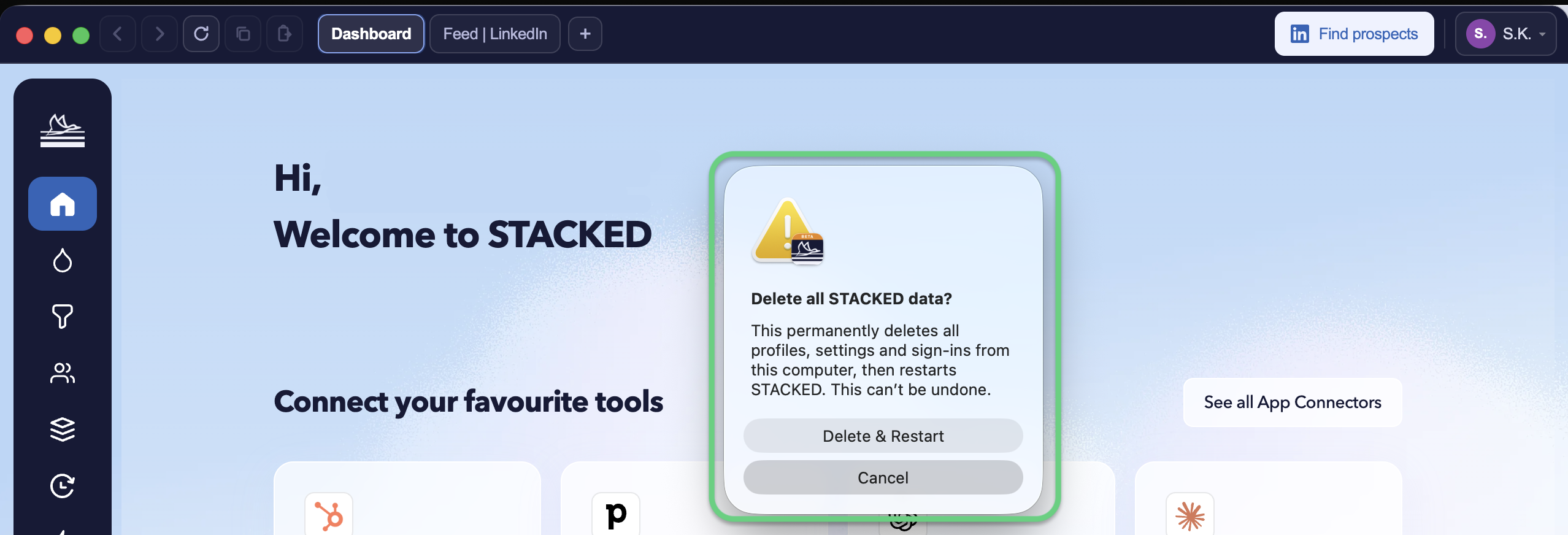 STACKED confirmation window for deleting all profiles and locally stored data