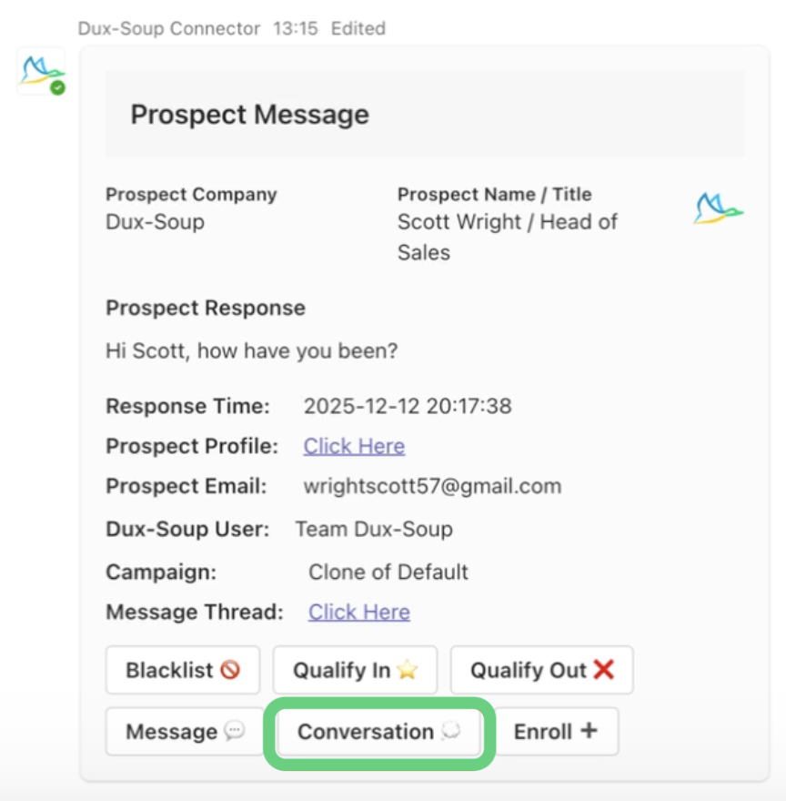 View the LinkedIn message thread in Microsoft Teams (Conversation button) on STACKED connector