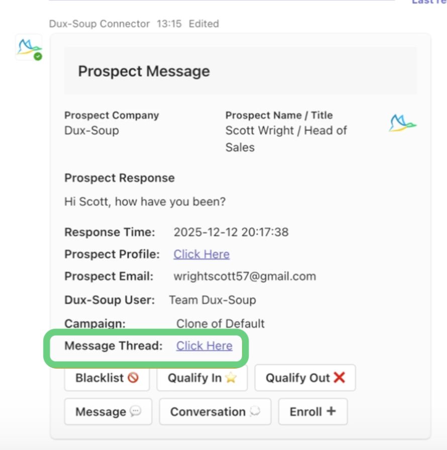 Open the message thread on LinkedIn via the STACKED connector