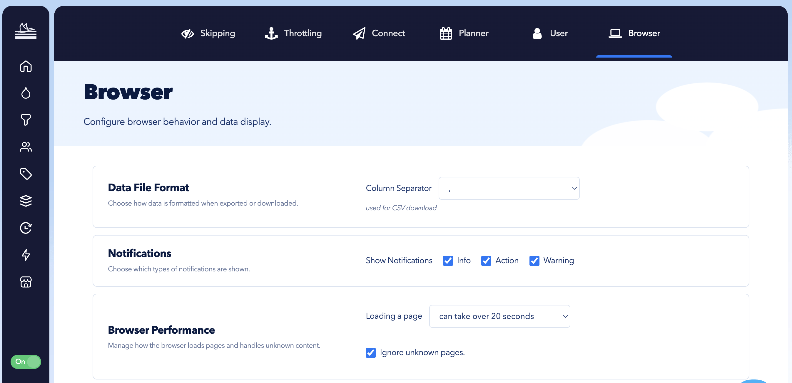 STACKED Browser settings showing the Column Separator option under Data File Format.
