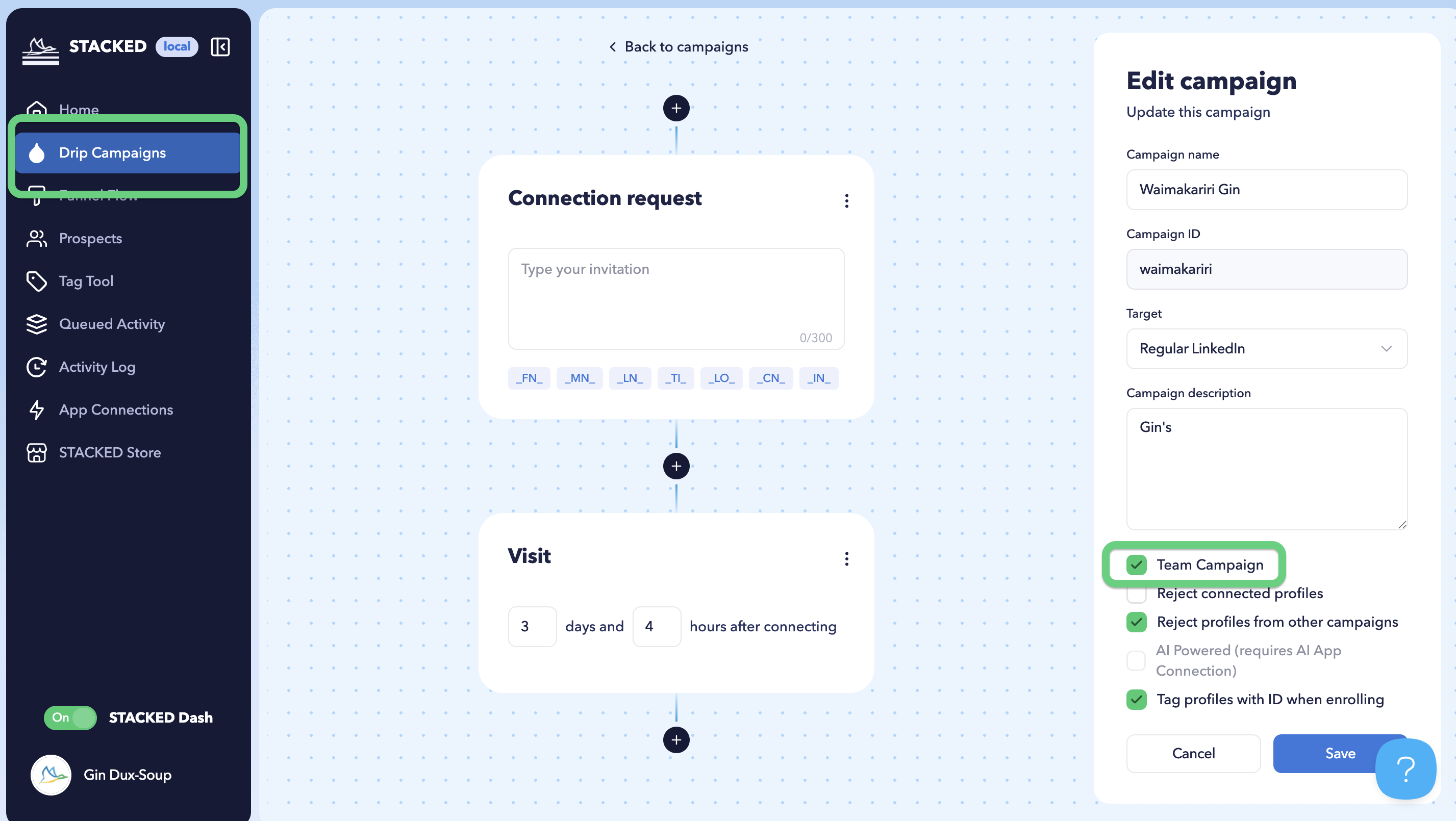 You can find shared campaigns within the STACKED Dashboard on the Drip Campaigns page. From there, open or create a new campaign and tick the Team Campaign box