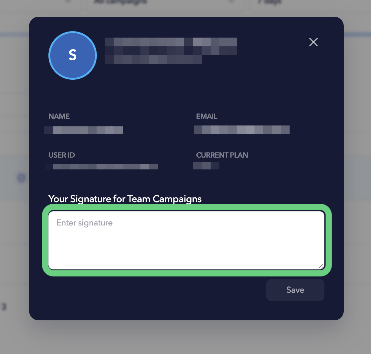 STACKED Your Porfile section displaying Signature for Team Campaigns input field.