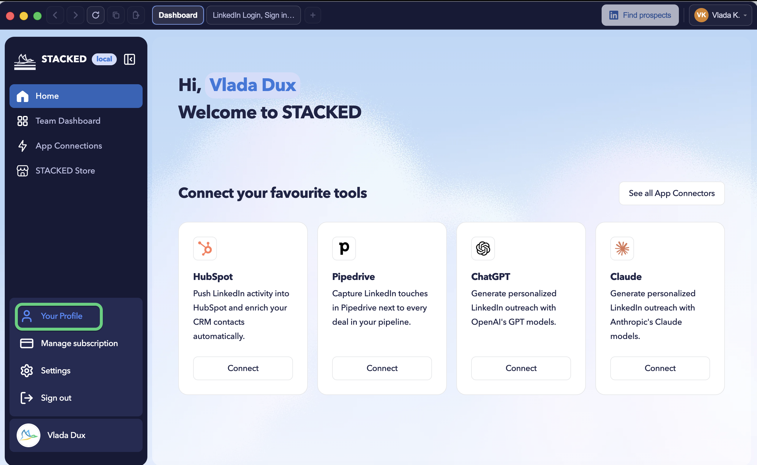 STACKED dashboard showing Your Profile selection.