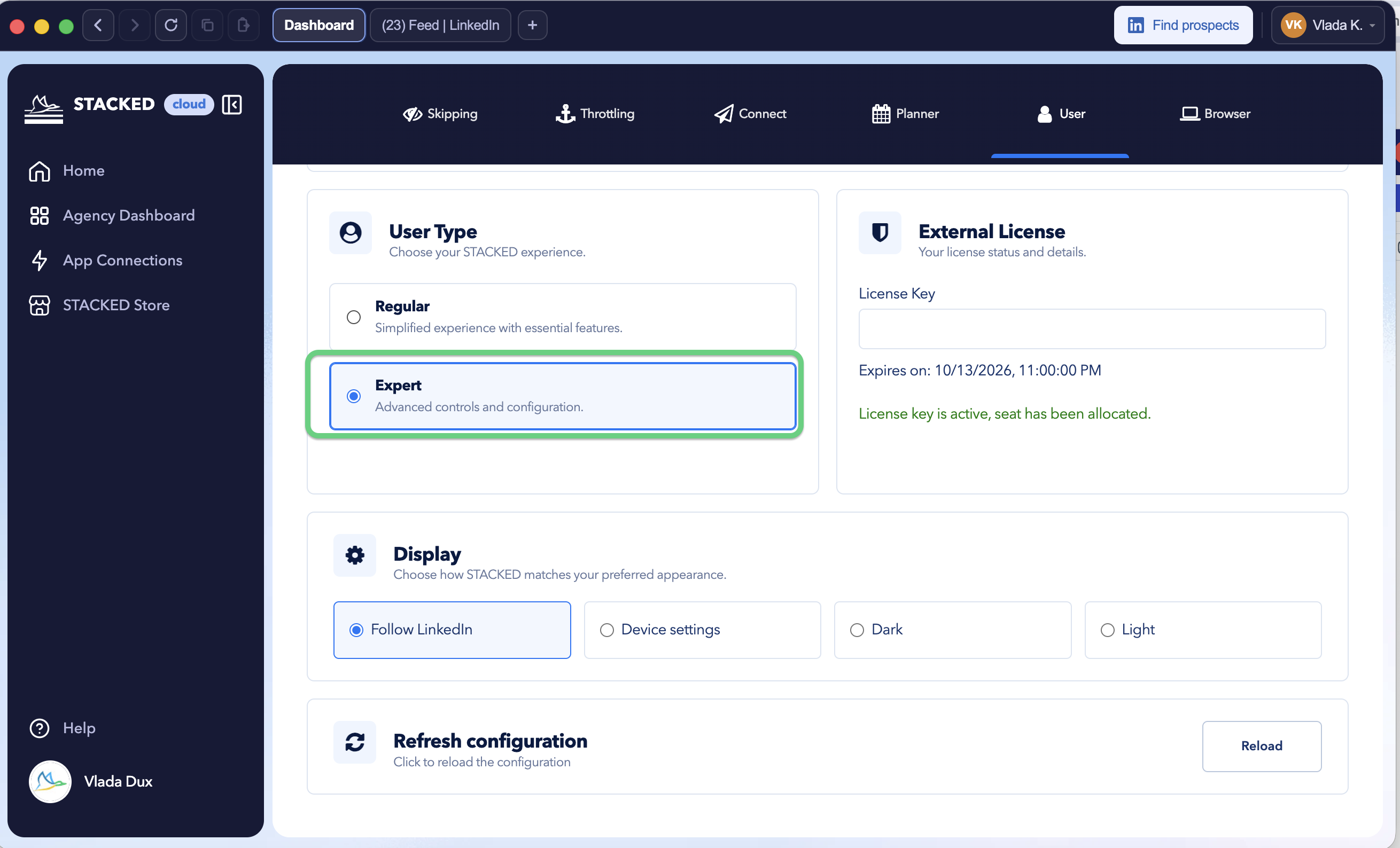 STACKED User tab displaying the enabled expert interface