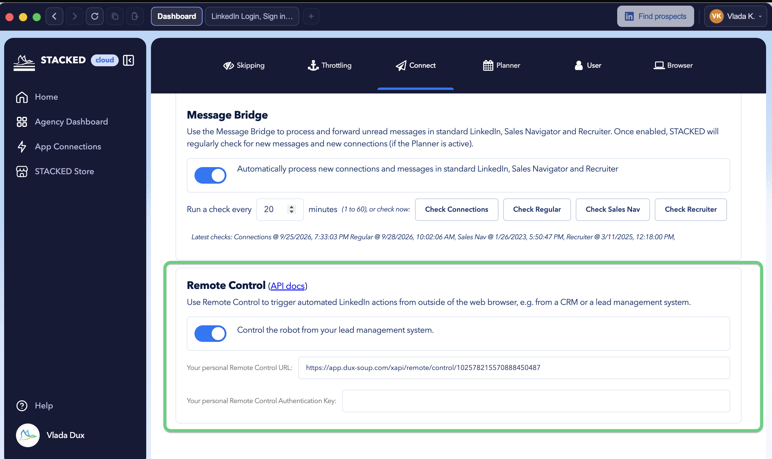 STACKED Connect tab displaying the Remote Control section.