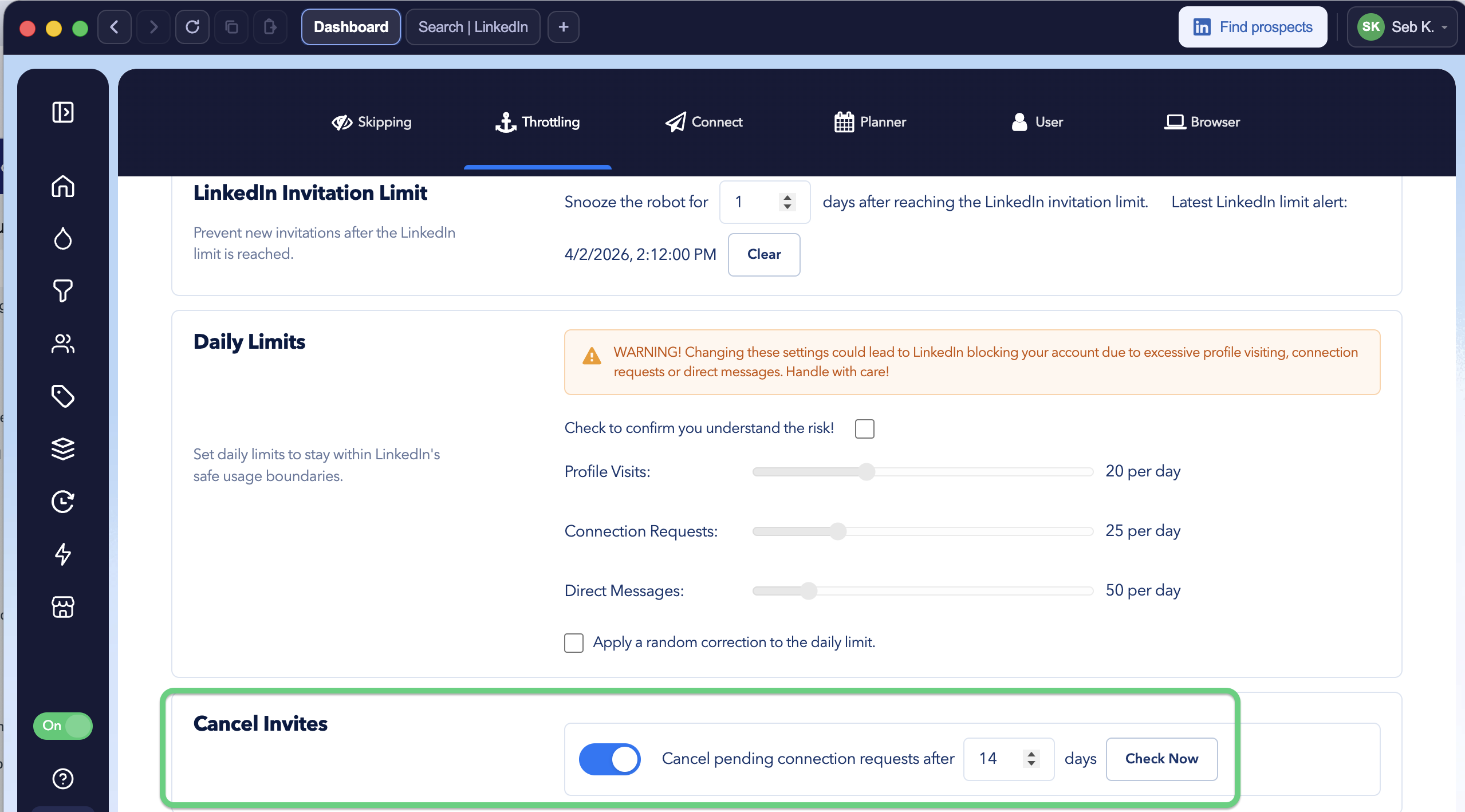 STACKED Expert Settings Throttling tab showing the Cancel Invites option configured to automatically withdraw pending LinkedIn connection requests after 14 days.