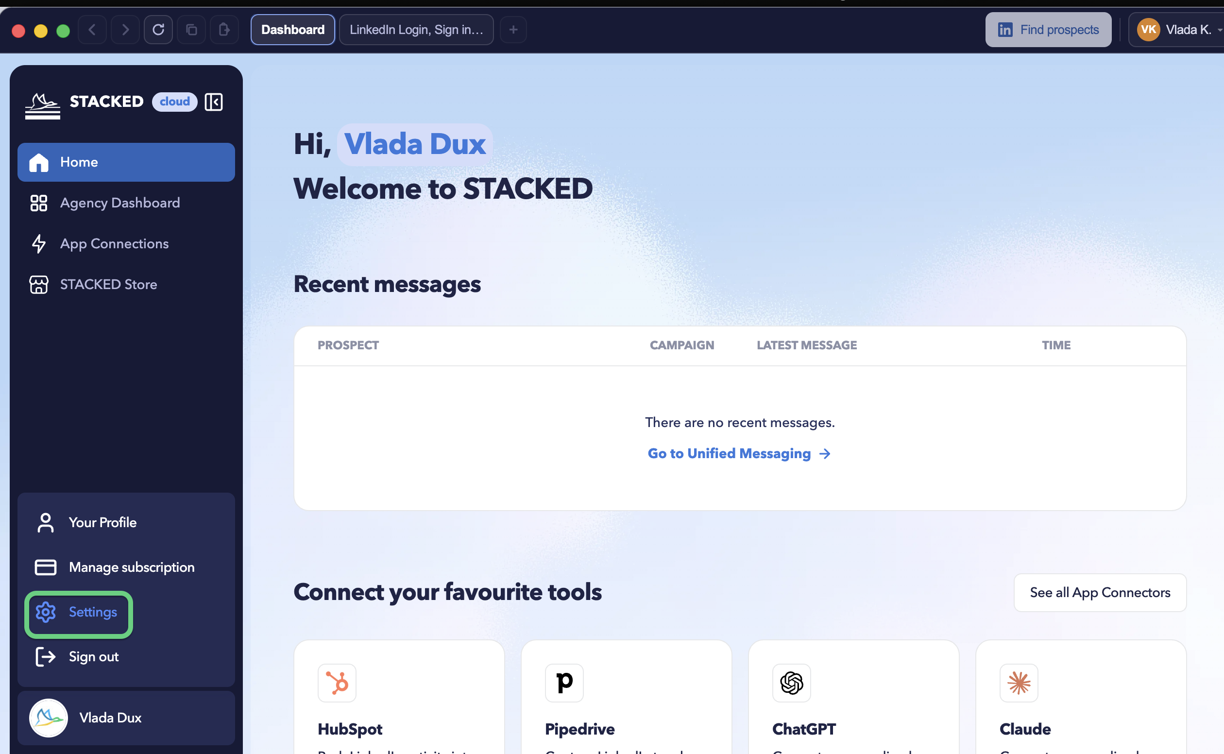 STACKED Dashbaord showing Settings option