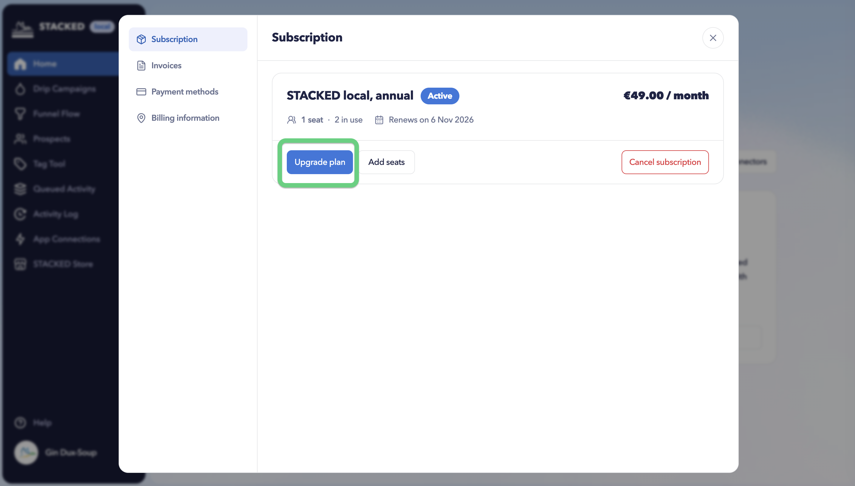 Upgrade plan via STACKED app