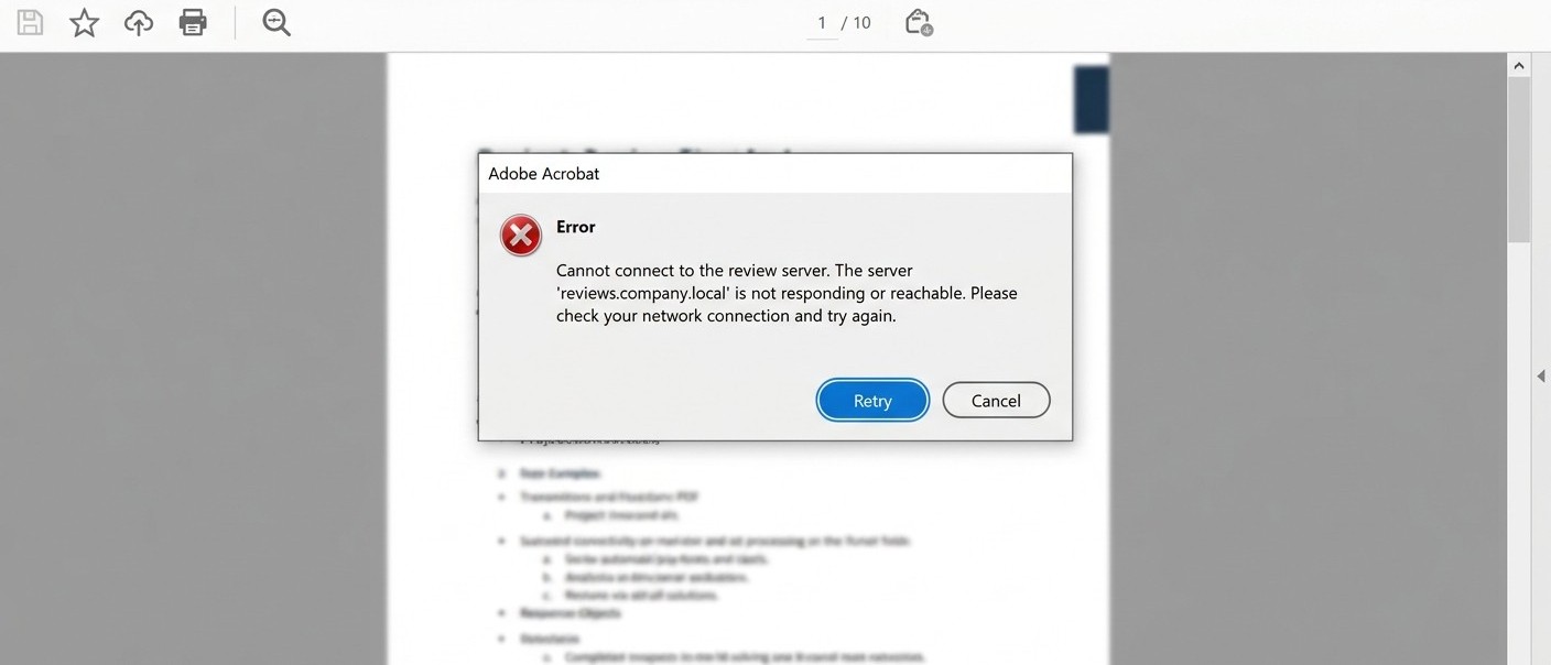 Adobe Acrobat error dialog stating cannot connect to the review server 