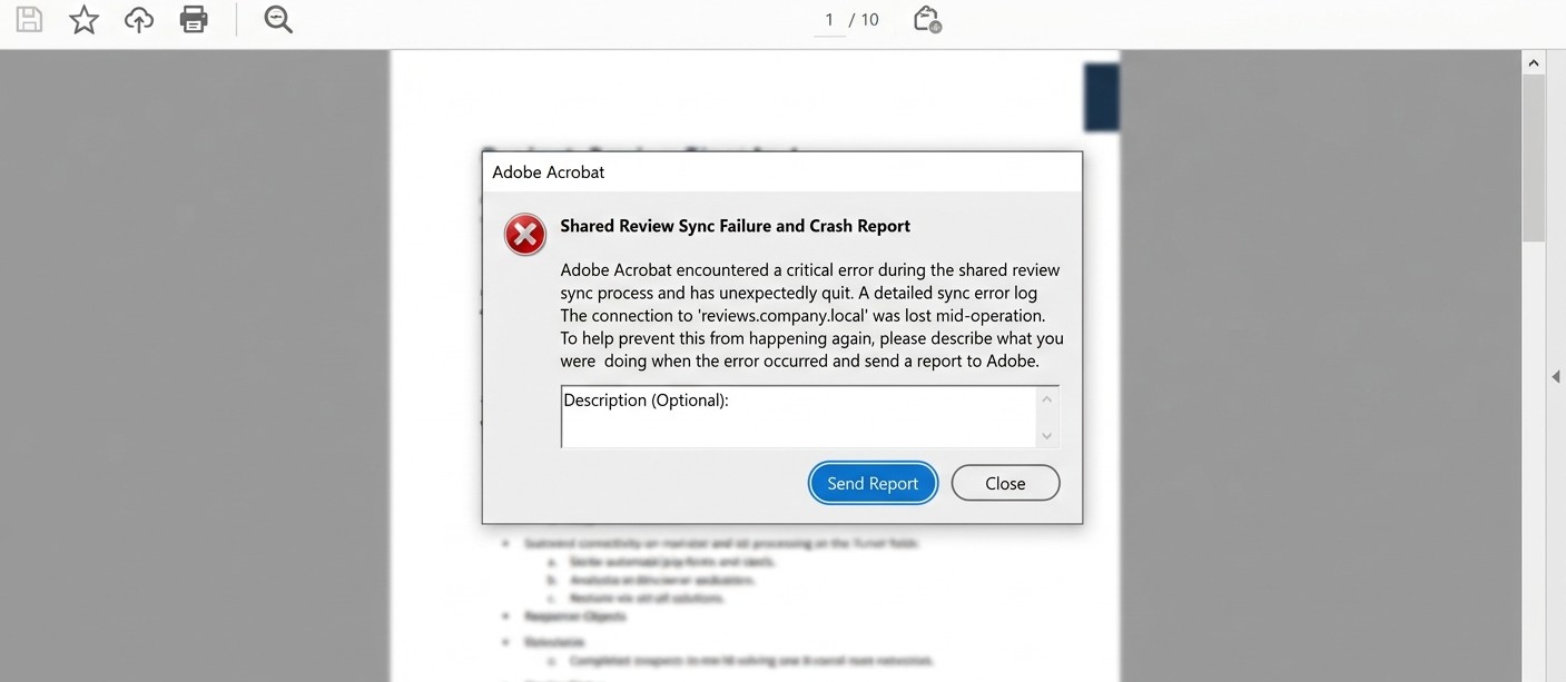 Adobe Acrobat shared review crash error popup during comment sync 