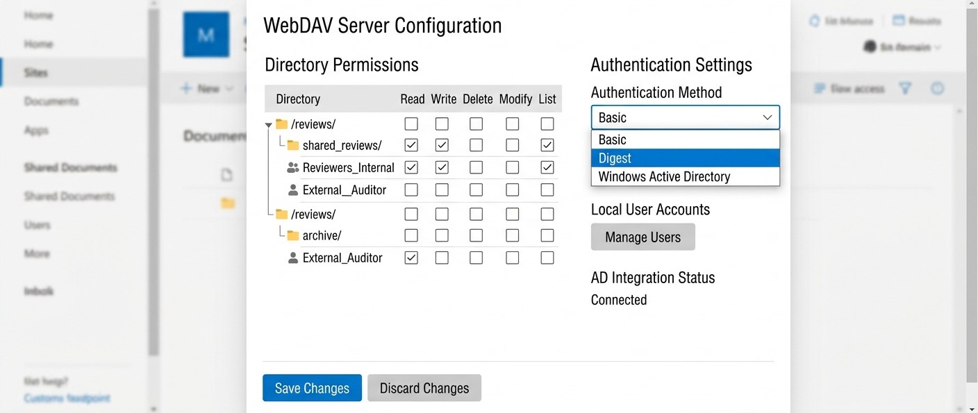 WebDAV server configuration screen showing read write permissions for external Acrobat reviewers 