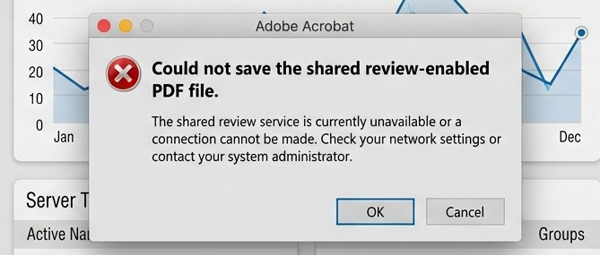Acrobat error dialog stating could not save the shared review enabled PDF file