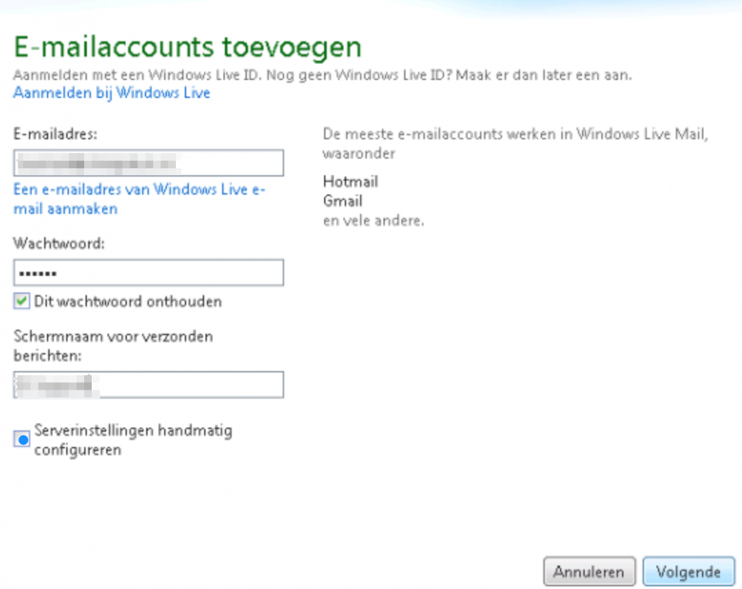 Windows Live Mail Applicatie - Vul gegegevens in 