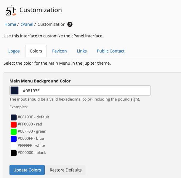 cPanel - kleuren aanpassen