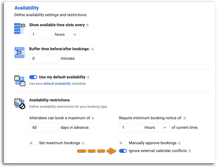 This is a screenshot of the section where one can enable ignore external calendar conflicts. It is found in the booking type settings, under Availability, under sub-topic Availability Restrictions.