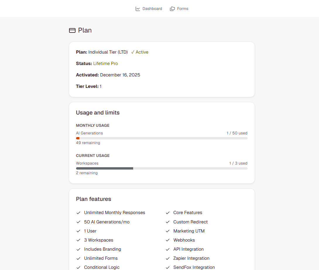 Account Plan page showing current plan and available features