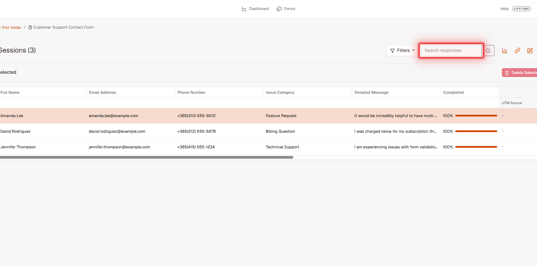 Search bar in Sessions table toolbar