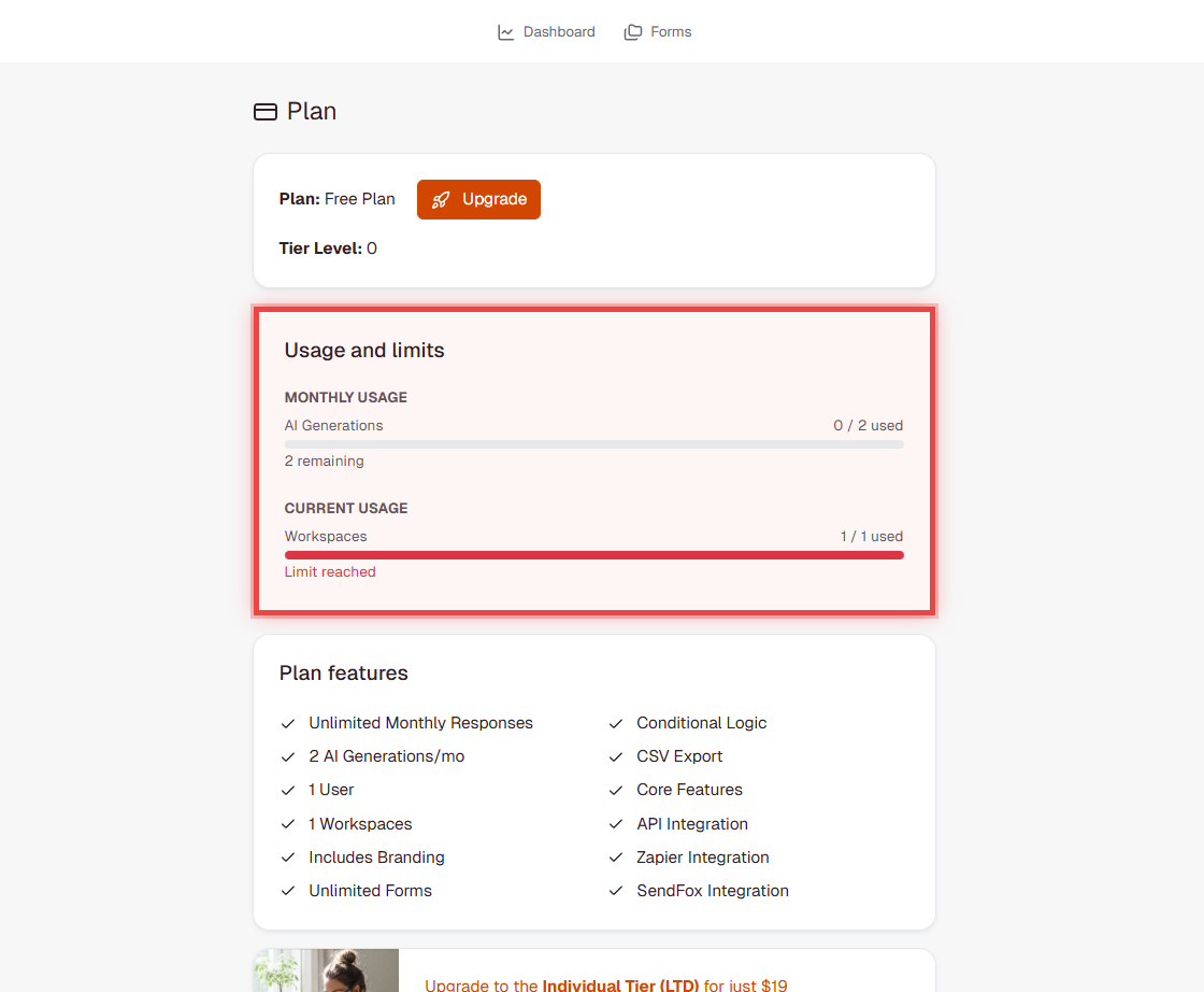 Free plan usage meters showing 2 AI generations per month and 1 workspace limit