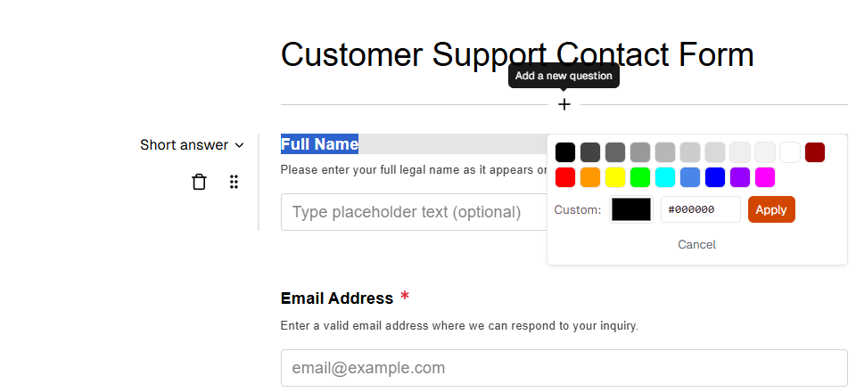 Color picker interface showing preset colors and custom color input