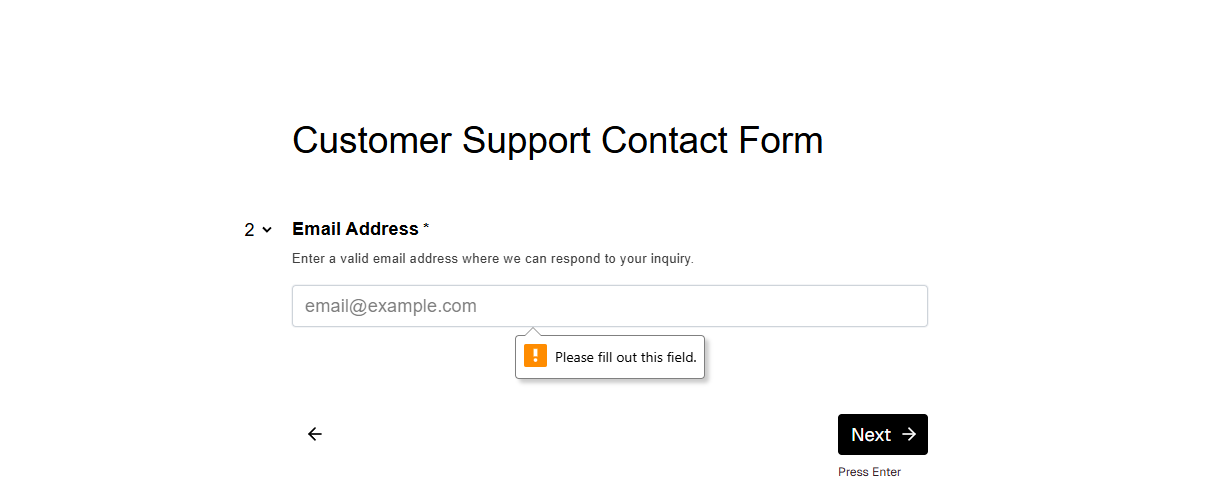 Validation error tooltip showing Please fill out this field message on required email field