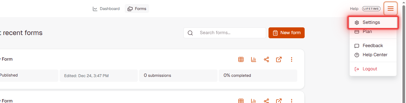 FormRobin navbar showing profile dropdown menu with Settings option highlighted