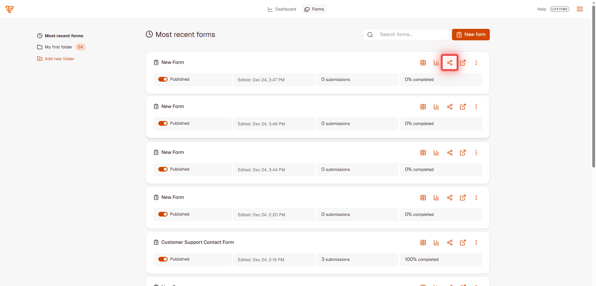 FormRobin forms list showing Share button location