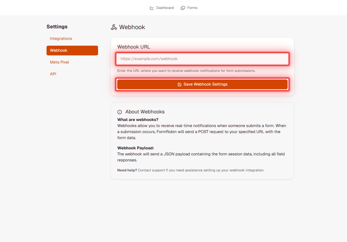 FormRobin Webhook settings page showing URL input and Save button
