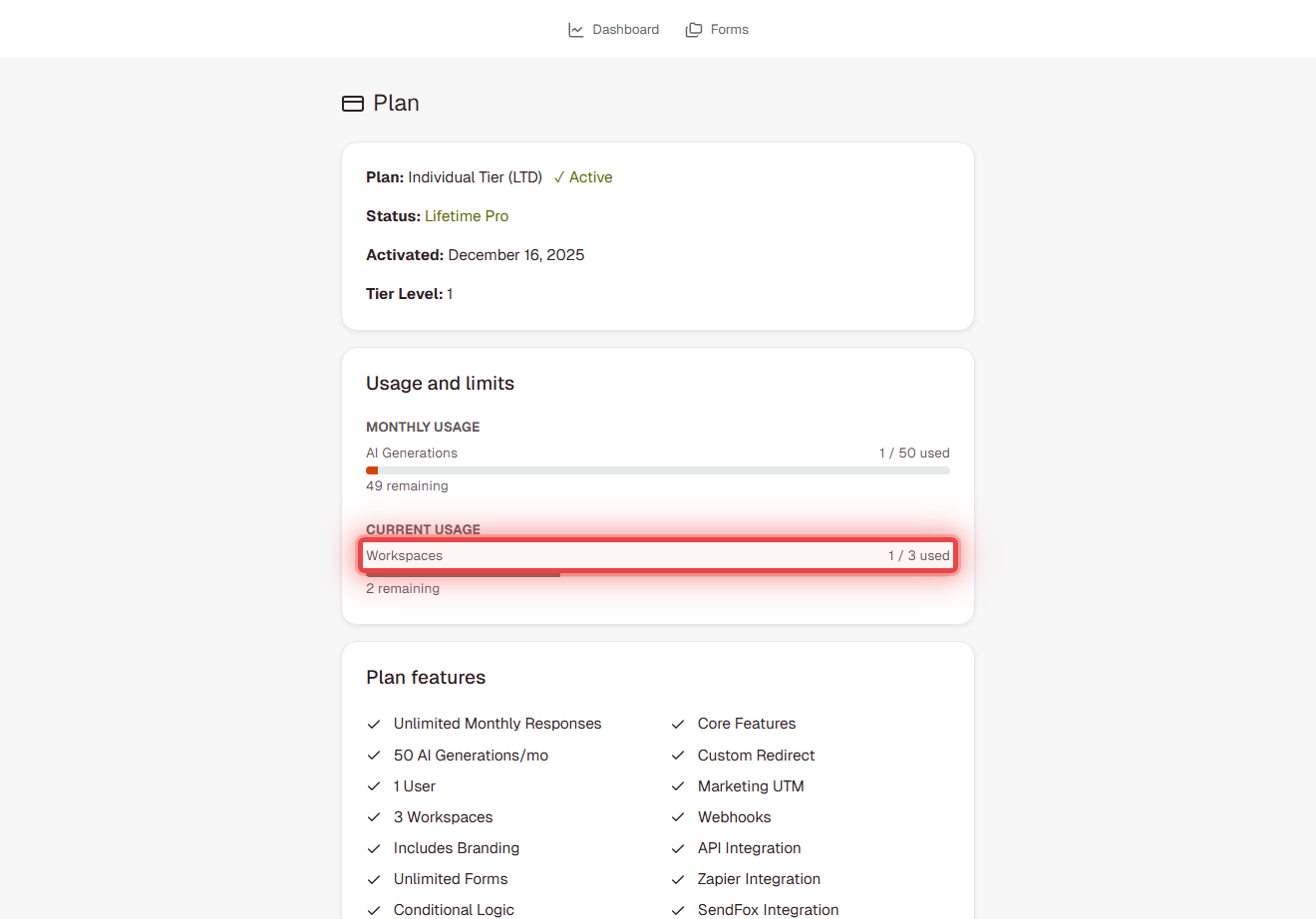 FormRobin Plan page showing workspace usage - 1 of 3 workspaces used