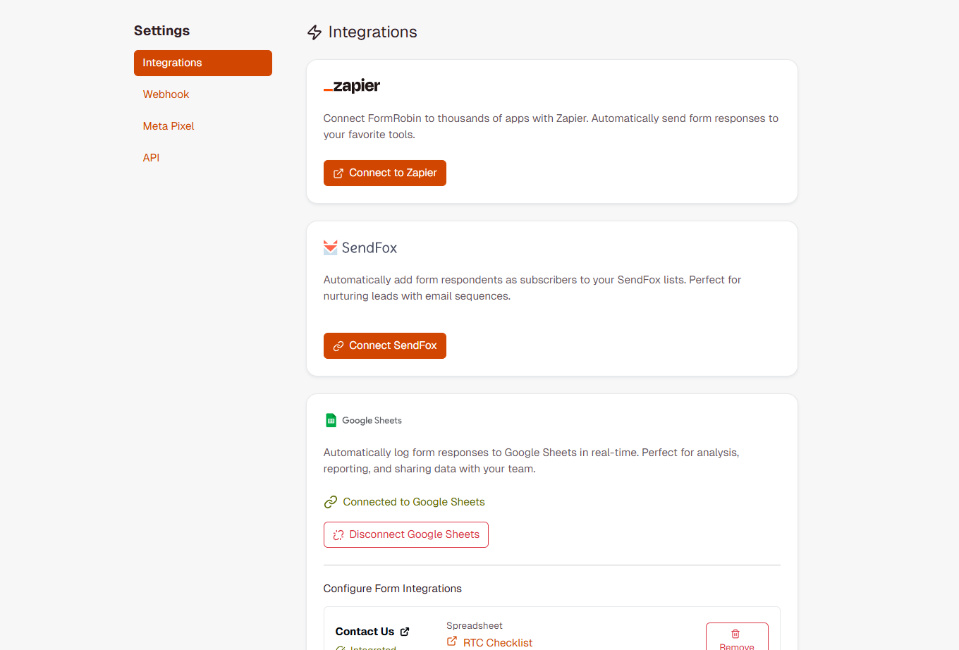 FormRobin Google Sheets connected state showing Configure Form Integrations section with form-to-spreadsheet mappings