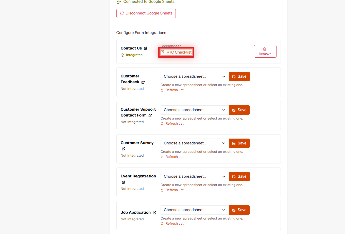 FormRobin Google Sheets integration showing RTC Checklist spreadsheet link highlighted