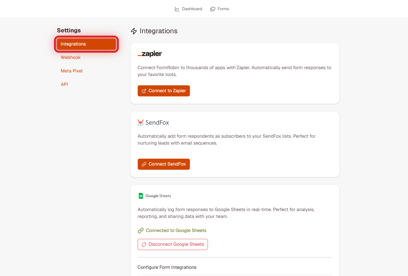 FormRobin Settings showing the Integrations option highlighted in the sidebar navigation