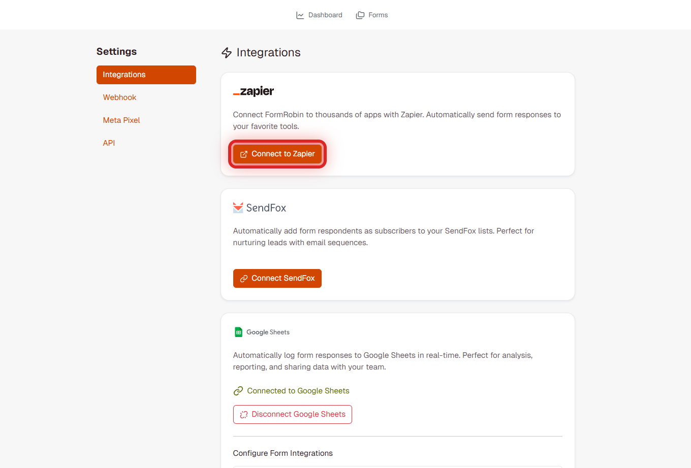 FormRobin Integrations page showing the Zapier section with Connect to Zapier button highlighted