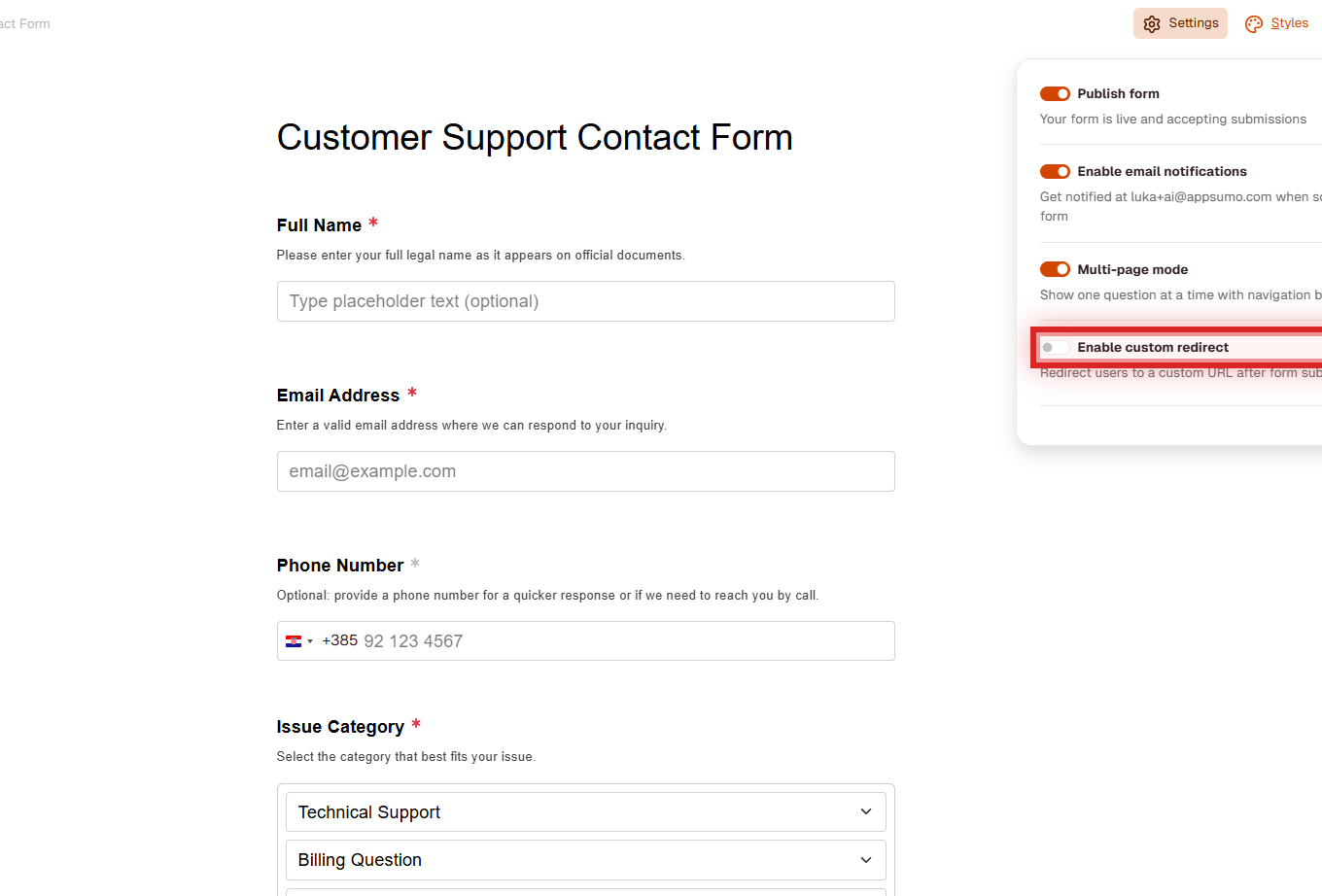 Form Settings panel showing the Enable custom redirect toggle in FormRobin