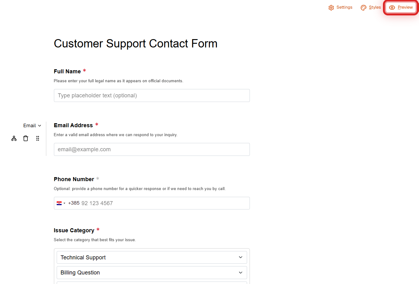 Preview button highlighted in the form editor toolbar