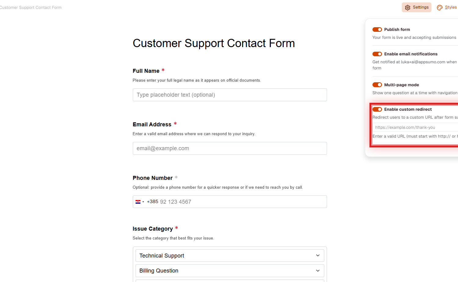 Form Settings showing Enable custom redirect toggle ON with URL input field