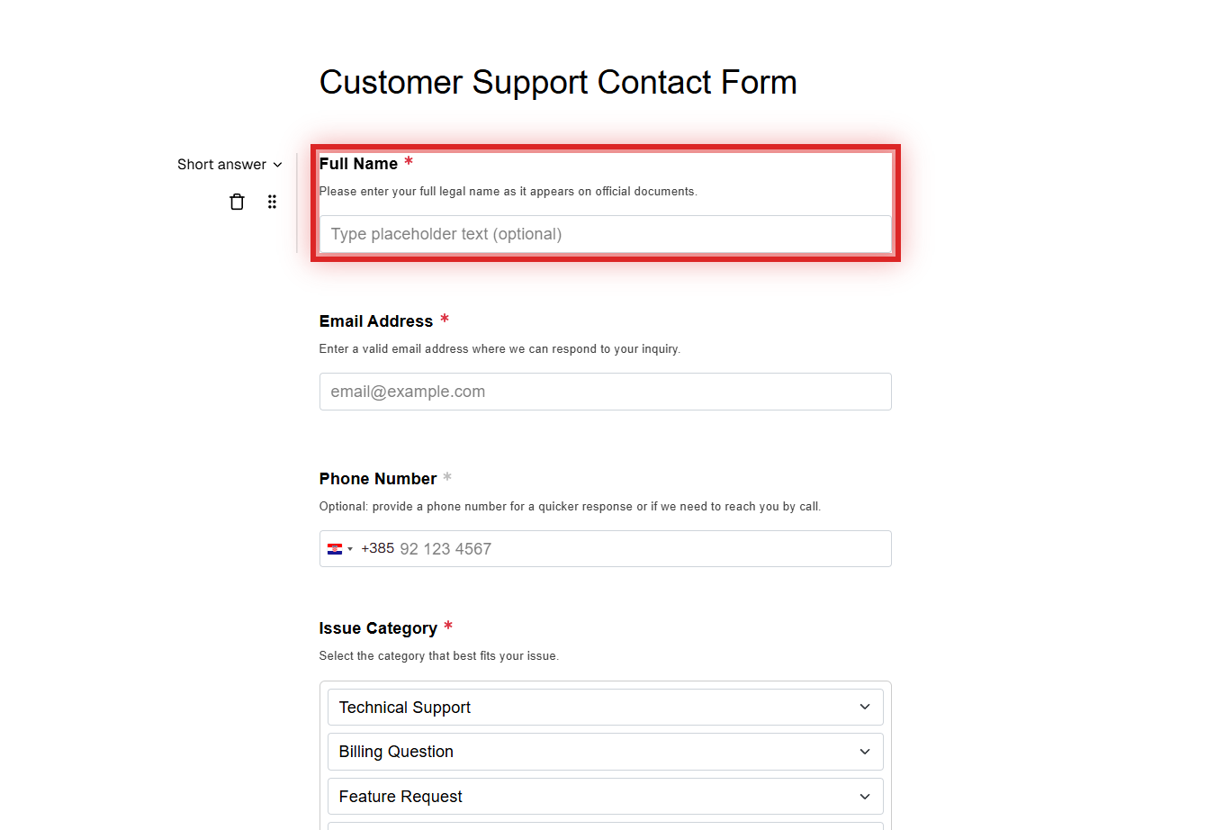 Form field editing showing Label, Help text, and Placeholder options