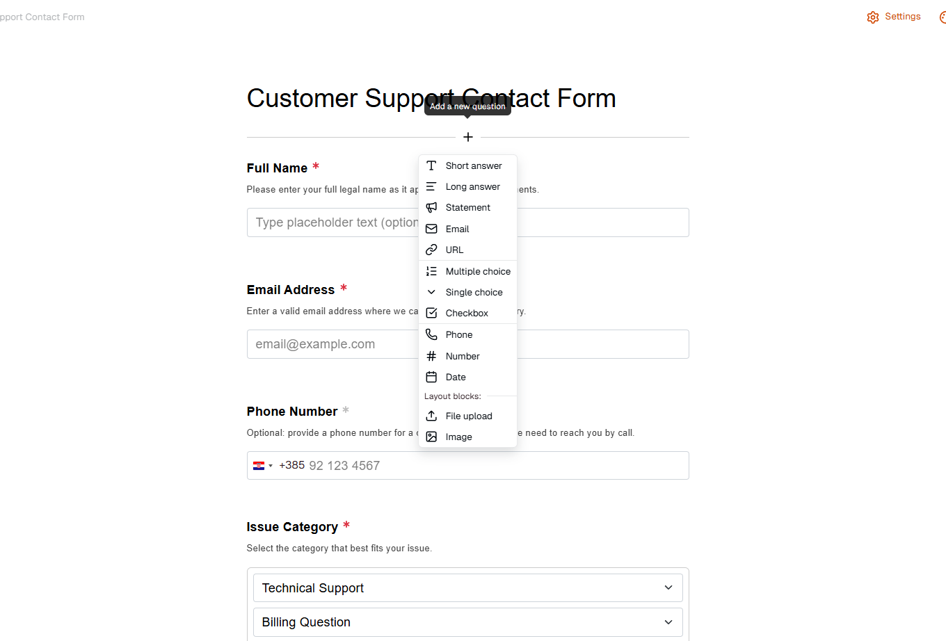 FormRobin field types dropdown showing all available field types