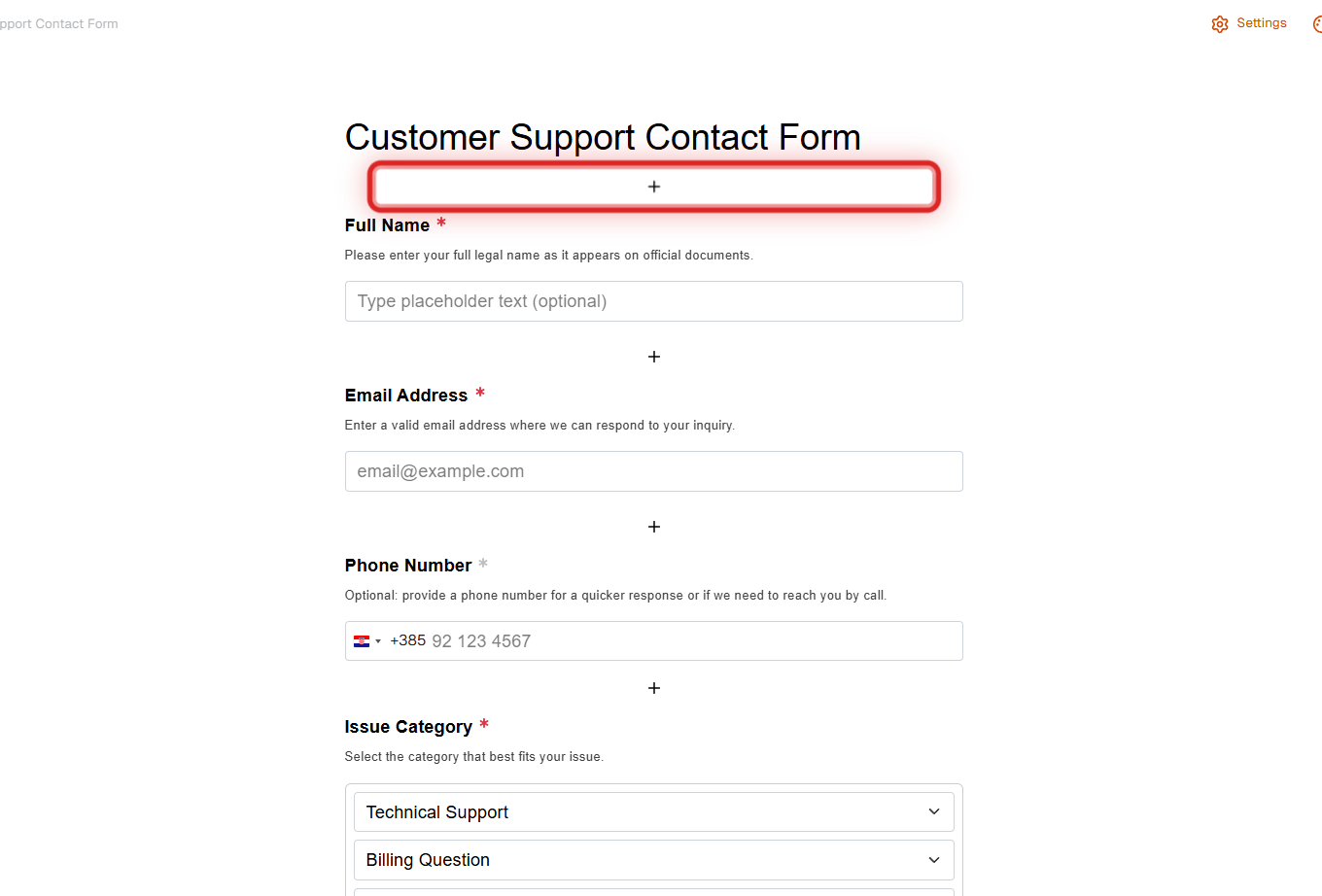 Add new question button highlighted in FormRobin form editor