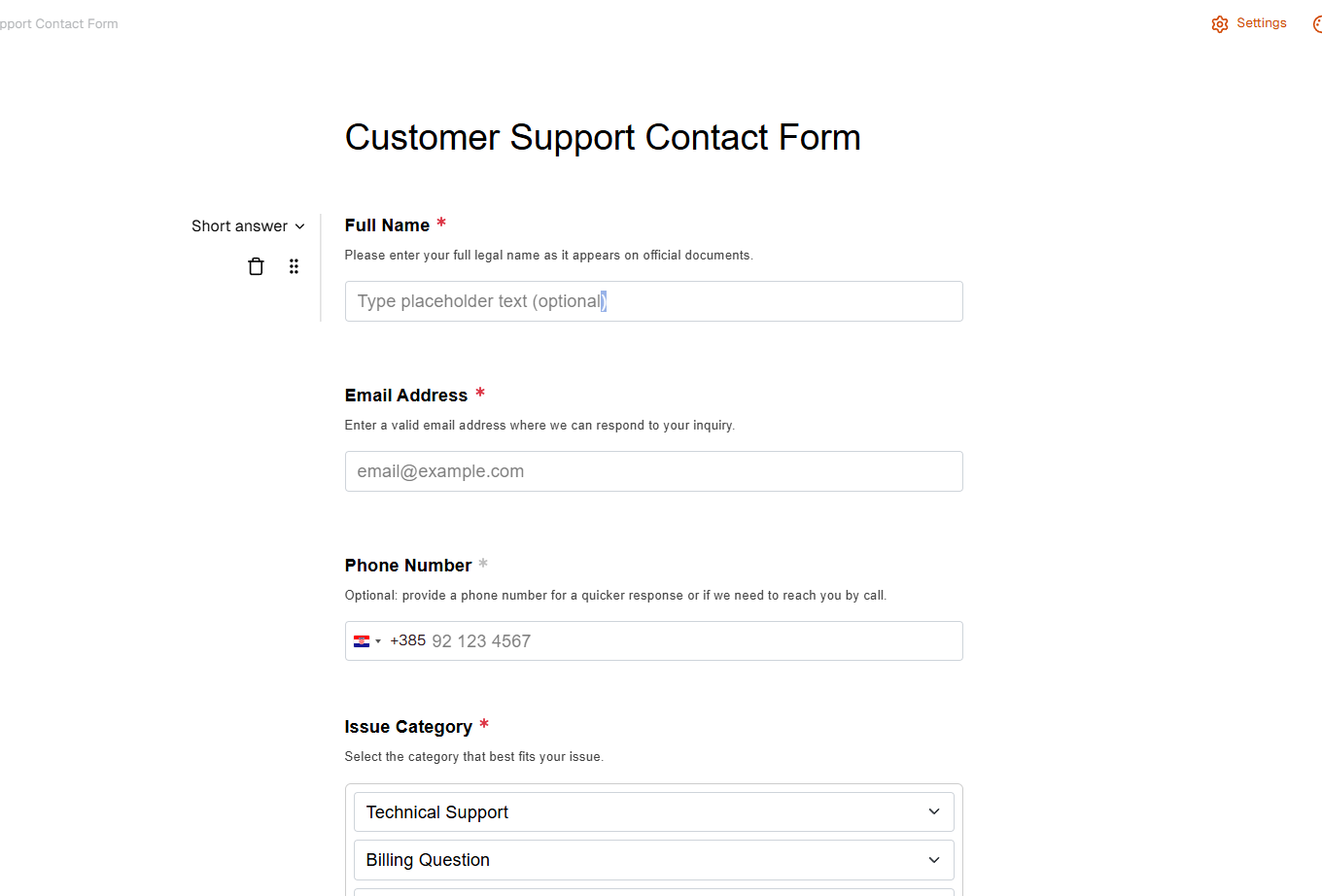 Field settings panel showing label, description, and placeholder options
