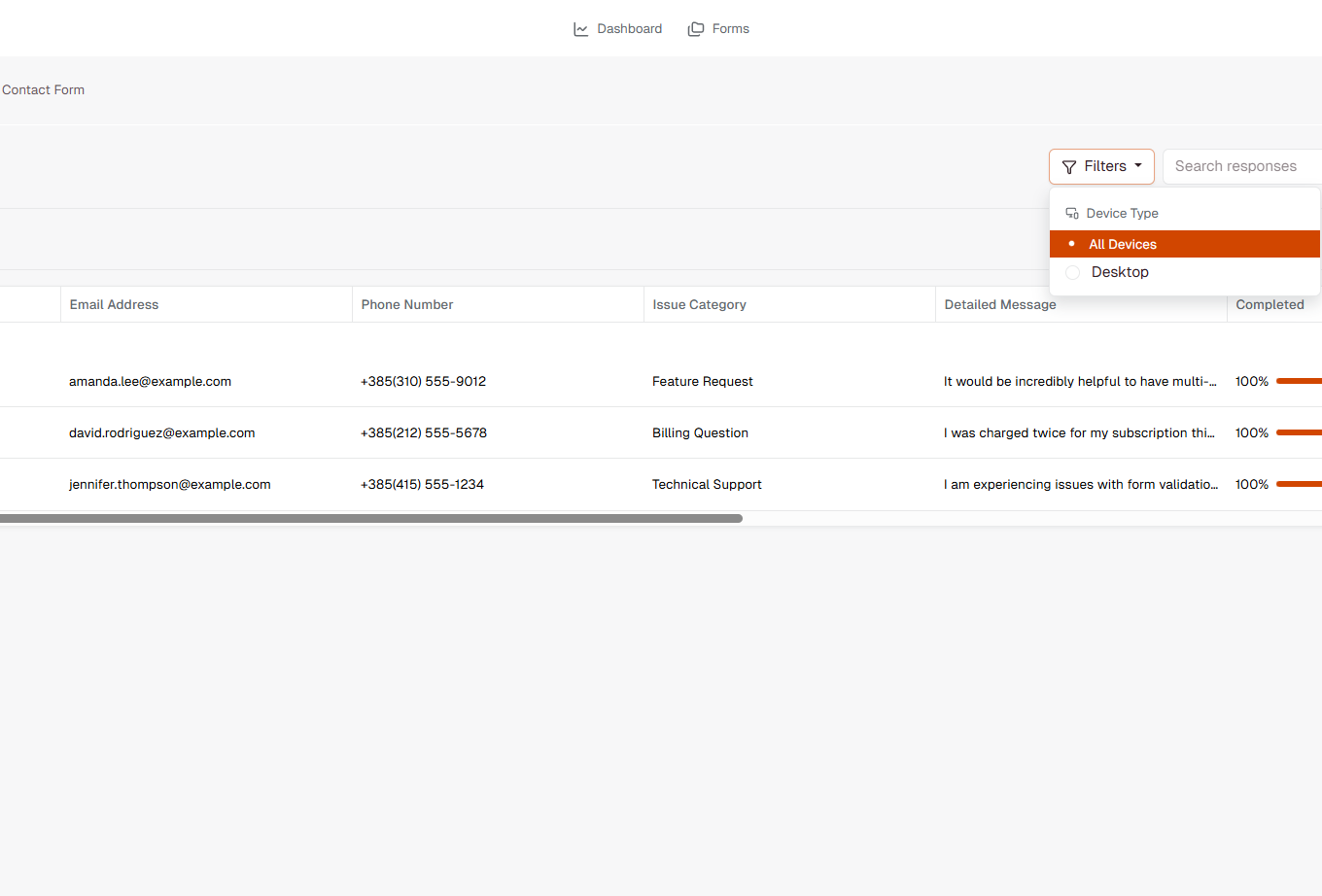 FormRobin Filters dropdown showing Device Type filter options