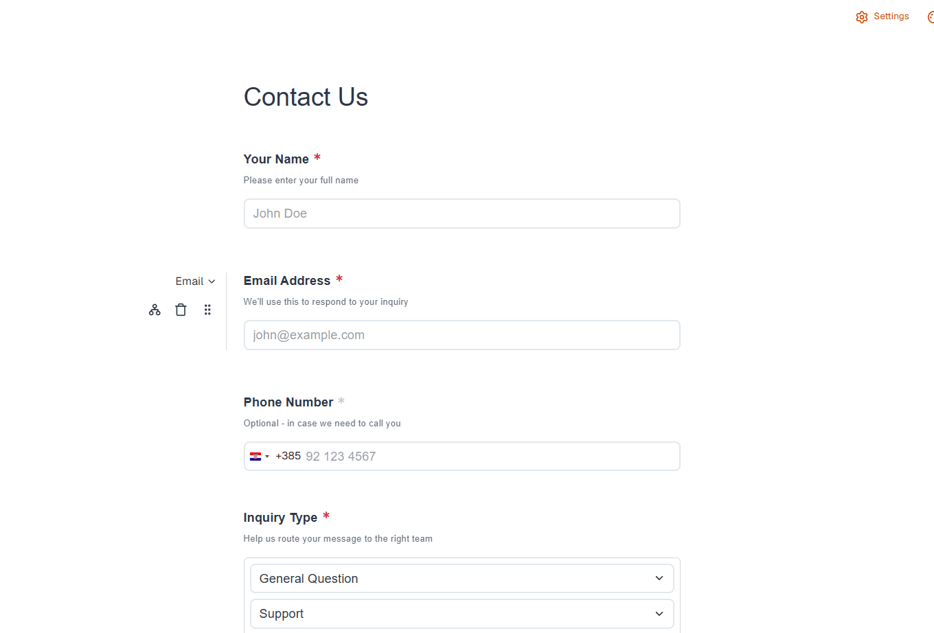 Contact Us template open in the form editor showing pre-populated fields