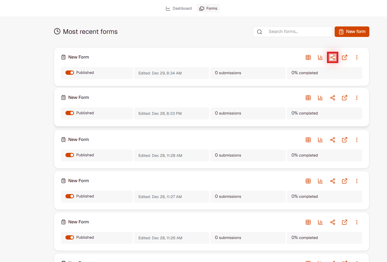 FormRobin Forms List showing the Share button highlighted