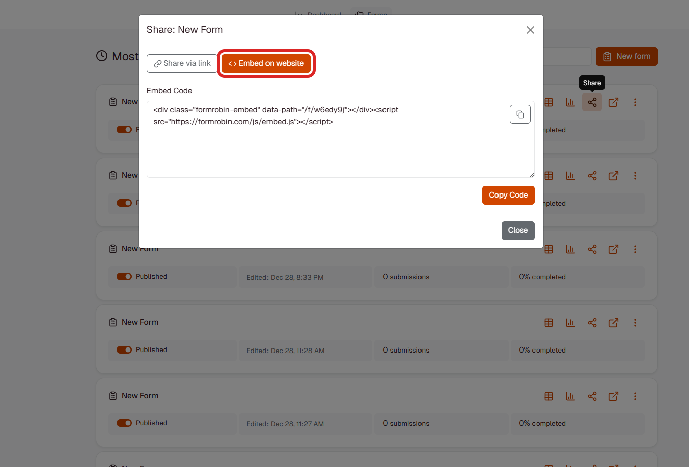 Share Modal showing Embed on website tab with embed code
