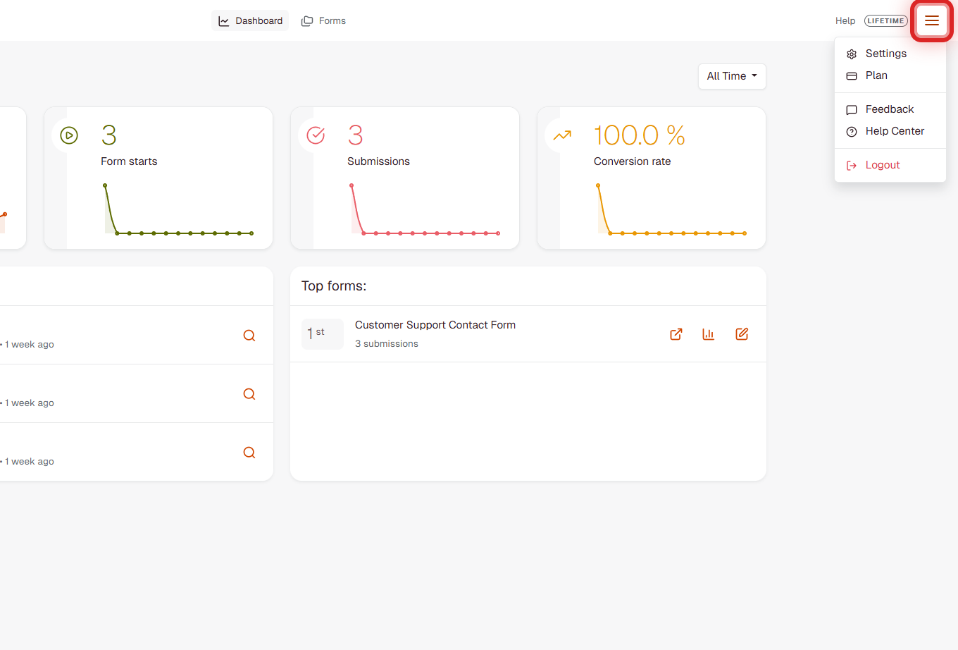 Hamburger menu dropdown showing Settings, Plan, Feedback, Help Center, and Logout options