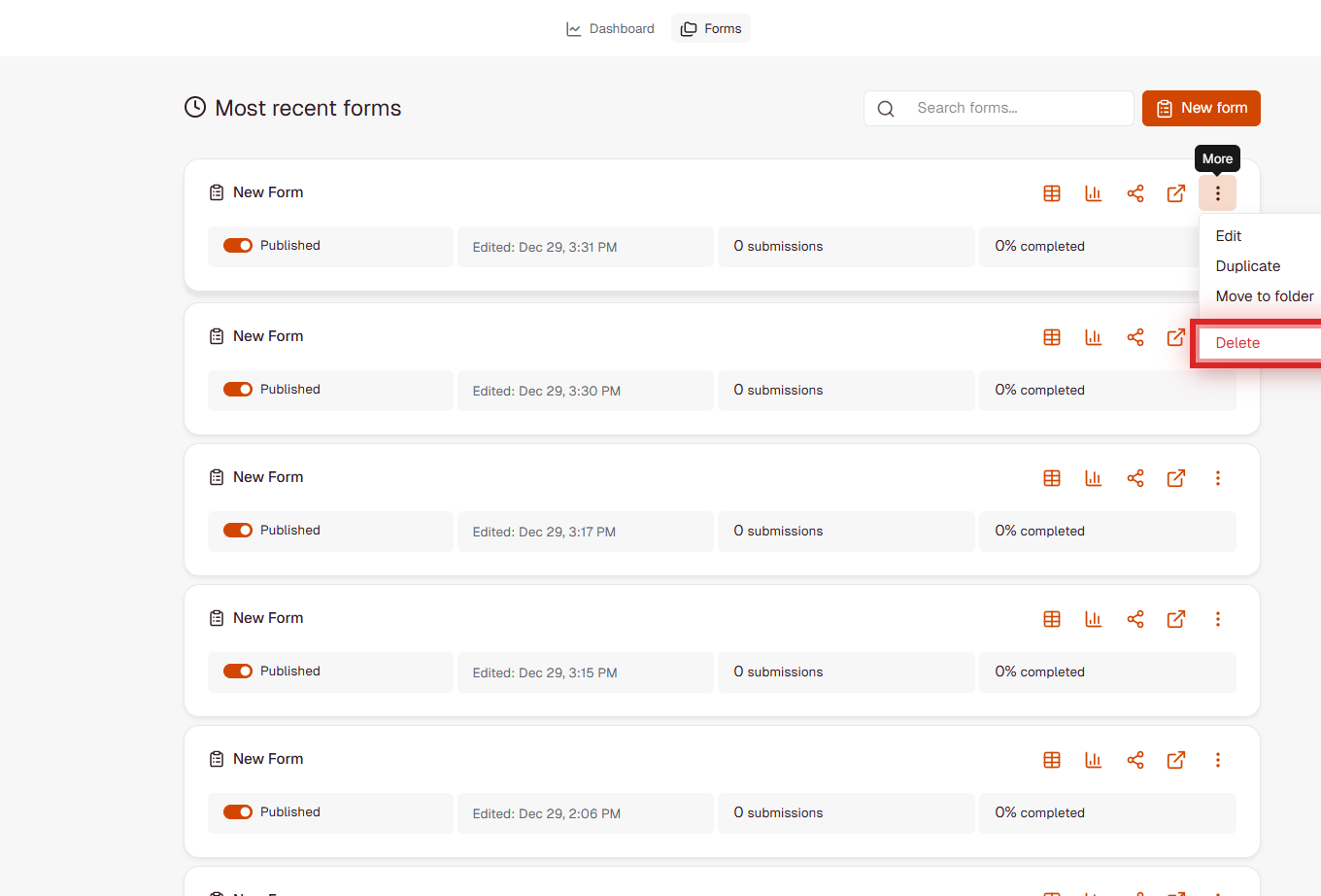 Three-dot menu dropdown showing Delete option highlighted