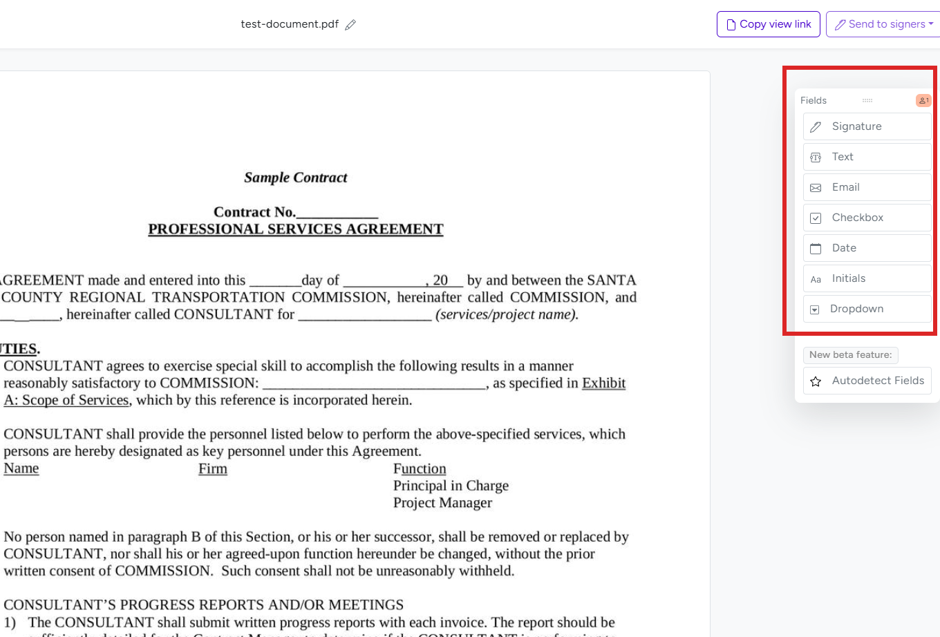 BreezeDoc Document Editor showing the Fields panel with available field types