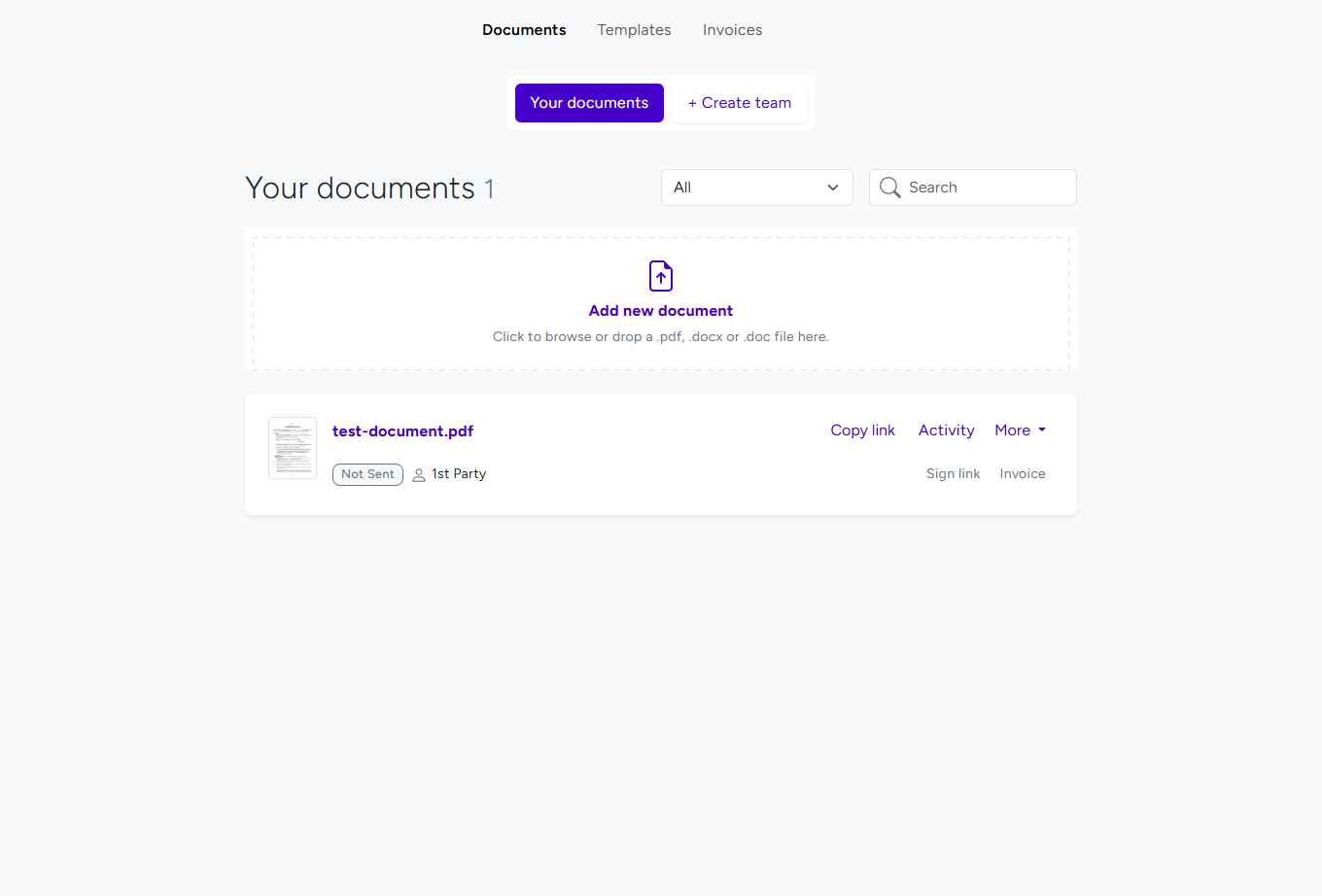 BreezeDoc Dashboard showing Documents, Templates, and Invoices navigation